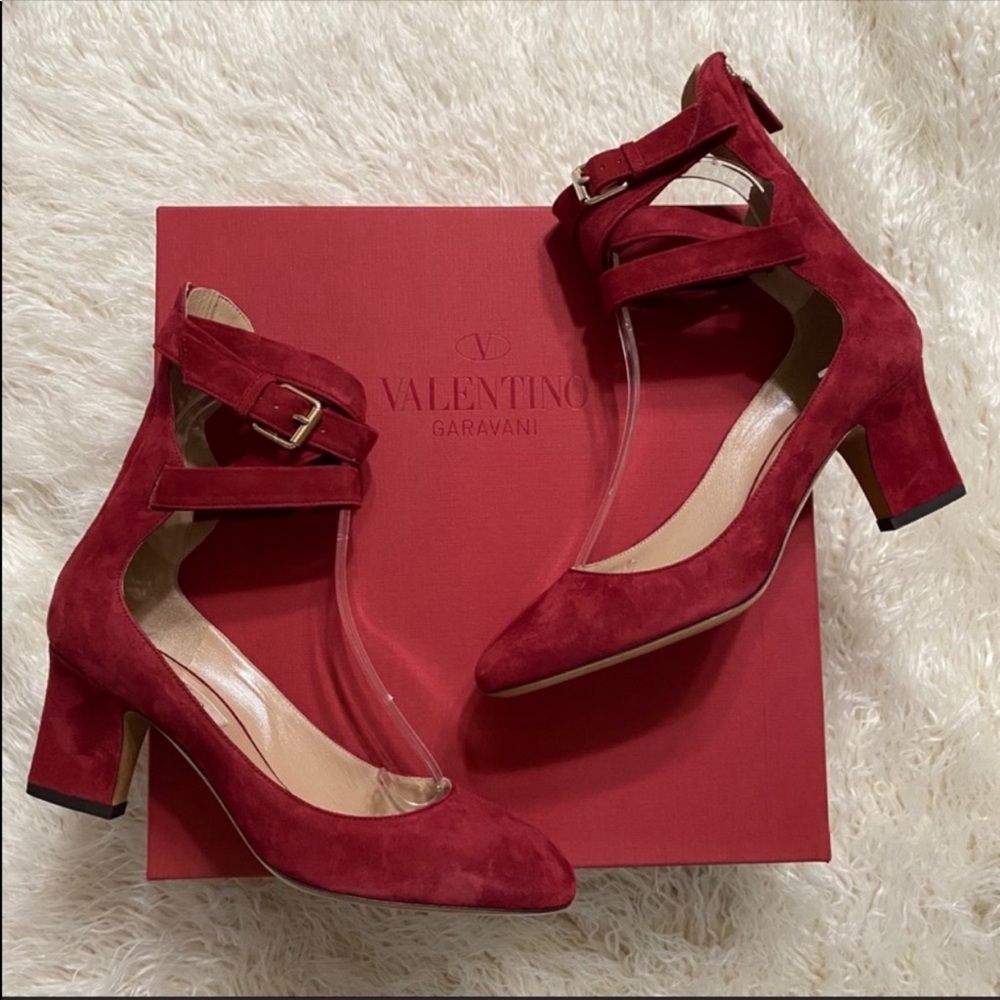Valentino Plum Rubino Red Suede Ankle Strap Heels